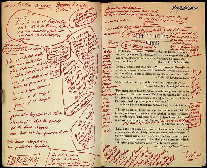 Inside cover of David Foster Wallace's annotated copy of Don DeLillo's Players. Harry Ransom Center.